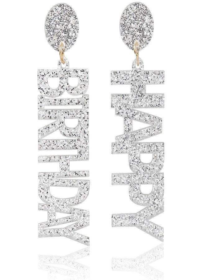 Wovanoo Happy Birthday Earrings Glitter Drop Dangle Earrings for Women Silver - Image 1